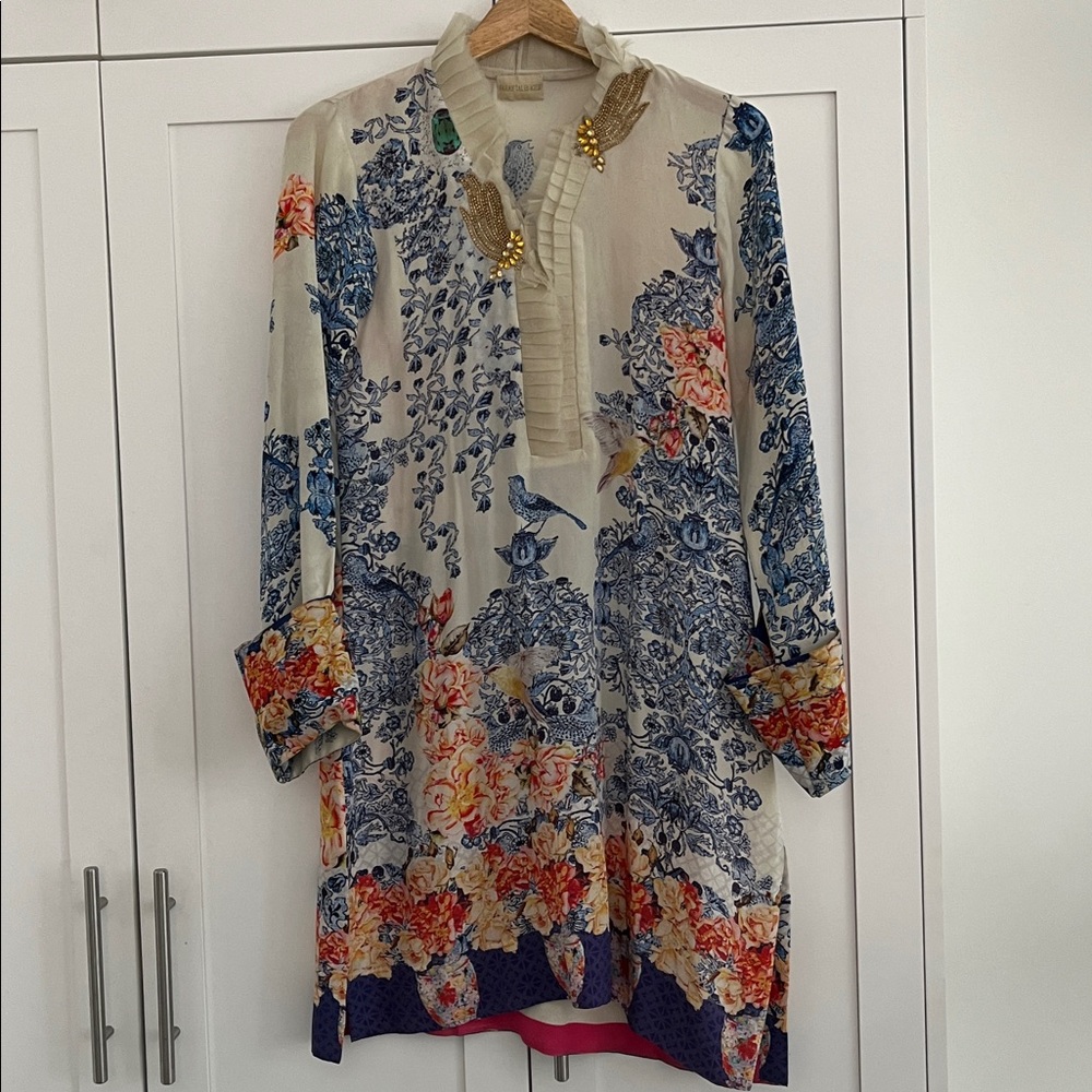 FARAH TALIB AZIZ floral chiffon embroidered and beaded tunic dress